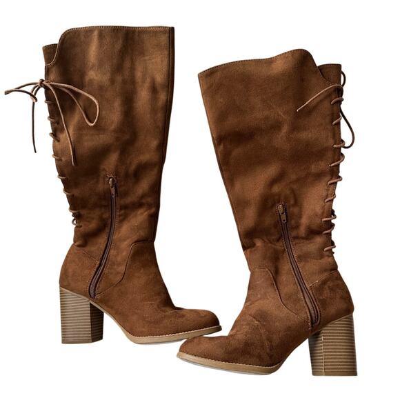 Size 9 Brown Lace Up Back Block Heel Knee Length Boots Western Fall Side Zip - Picture 1 of 11